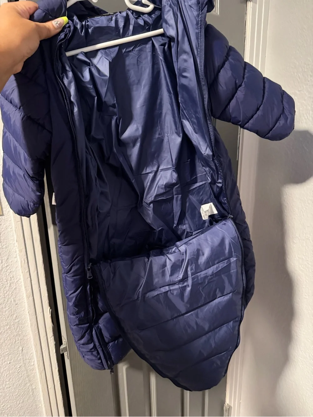 Navy baby/toddler Puffer jumpsuit with Pom Hood